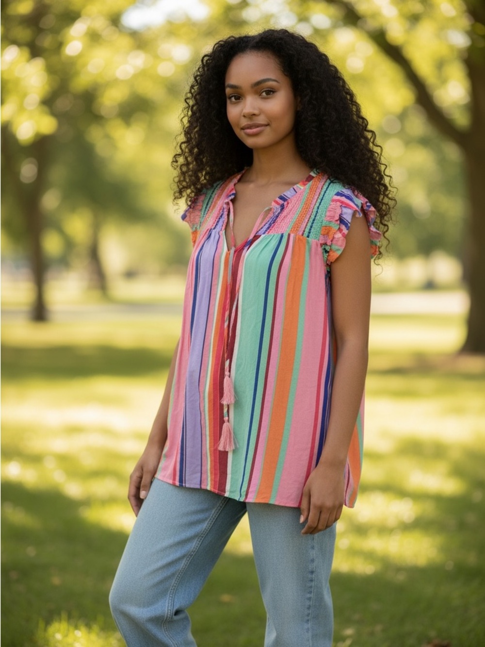 JODIFL Flutter Sleeve Pink and Orange Tunic Lg